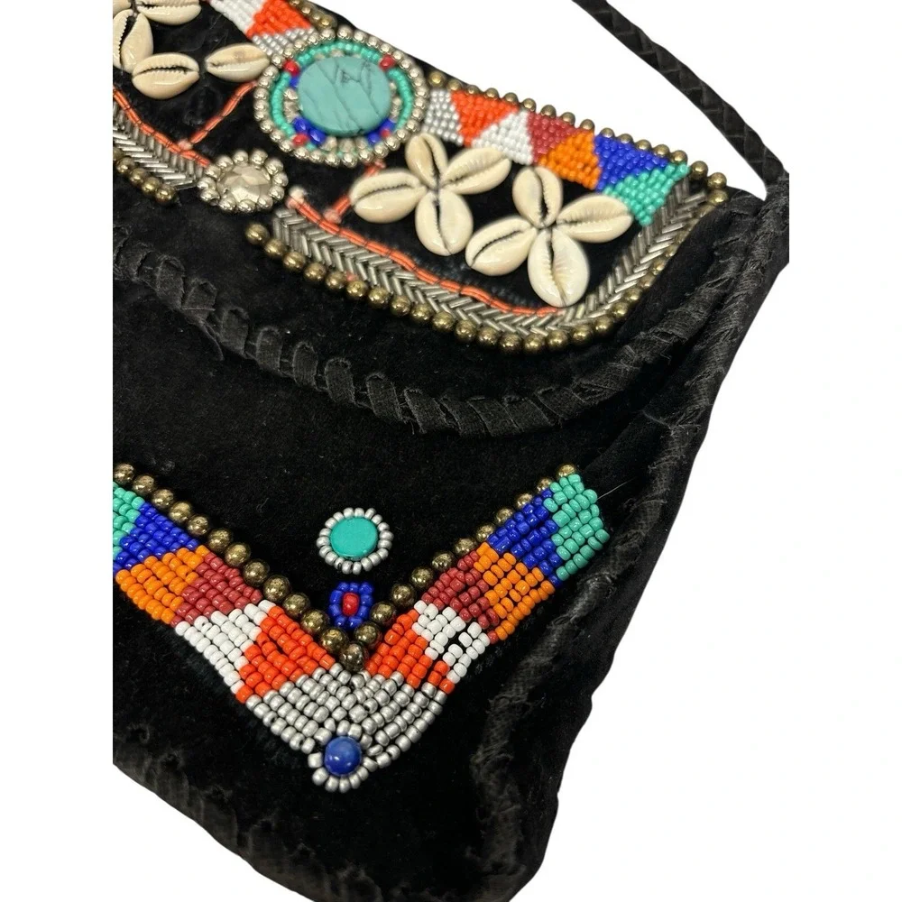 Vintage Bohemian Hobo‎ Embroidered Embellished Crossbody Black Suede Purse Bag